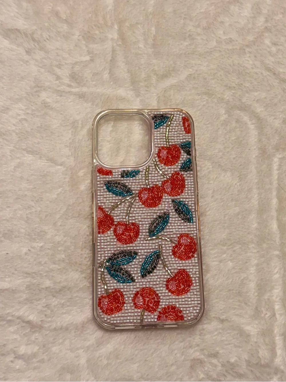 Clear Cherry Beaded Phone Case - Red/Green
